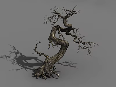 Leafless Tree With Twisted Trunk And Exposed Roots Against Gray Background 3d model