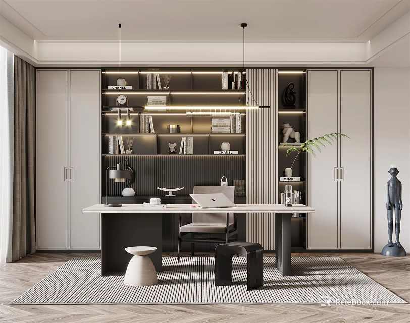 Modern Home Office Interior Design With Built In Bookshelf Wooden Desk And Pendant Lighting 3d model 