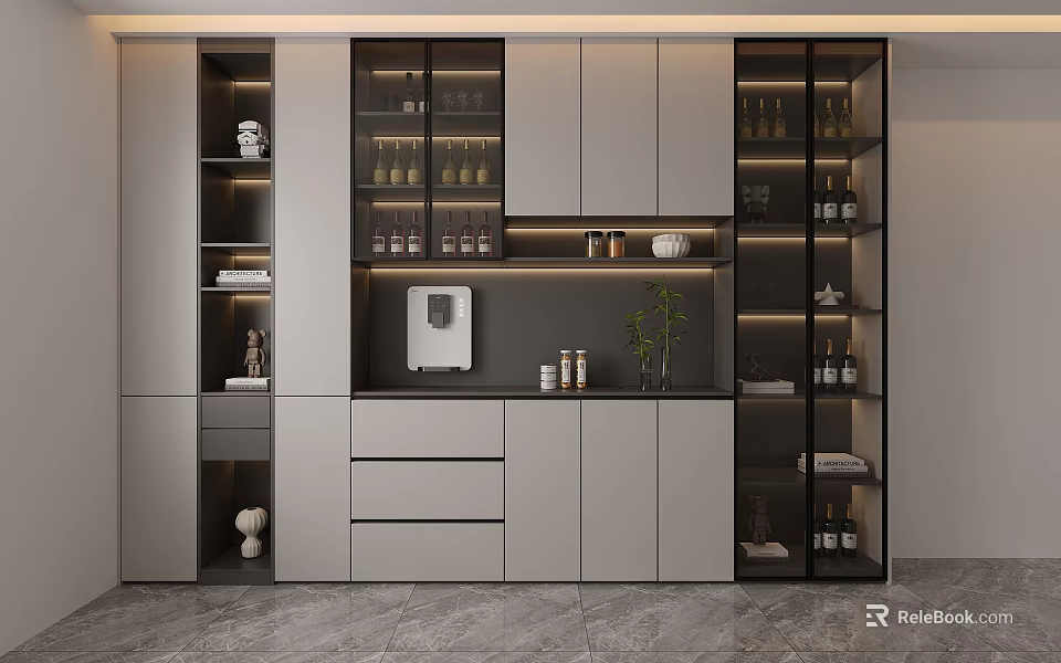 Modern Sideboard With Glass Door Cabinets Drawers Shelves Decorative Items Plants And Water Dispenser 3d model 