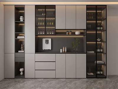 Modern Sideboard With Glass Door Cabinets Drawers Shelves Decorative Items Plants And Water Dispenser 3d model