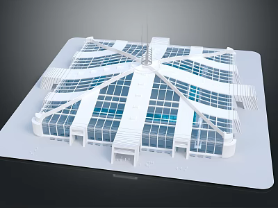 Cartoon Scene of Modern Building Model with Glass Windows Central Tower and Symmetrical White Structure 3d model