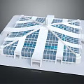 Cartoon Scene of Modern Building Model with Glass Windows Central Tower and Symmetrical White Structure