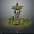 Japanese Stone Lantern Garden Scene With Moss Candles Stones And Green Plants