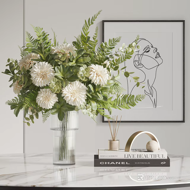Decorative Ornaments Combination With Glass Vase White Flowers Greenery Line Artwork Diffuser Sticks And Books 3d model 