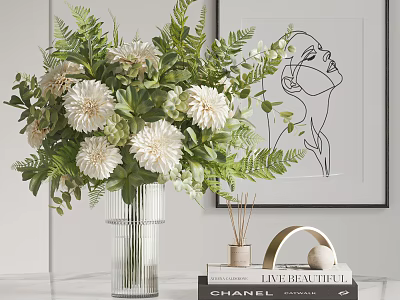 Decorative Ornaments Combination With Glass Vase White Flowers Greenery Line Artwork Diffuser Sticks And Books 3d model
