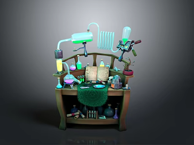 Laboratory Workbench Setup With Glass Tubes Beakers Flasks And Green Cloth 3d model