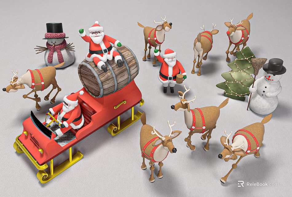 Christmas Decorative Ornament Set With Santa Claus Sleigh Reindeer Snowman And Tree 3d model 