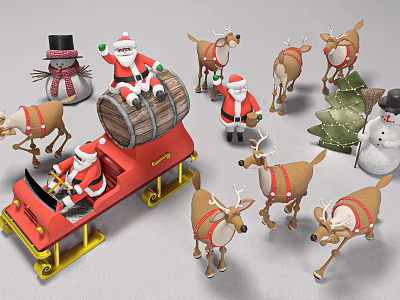 Christmas Decorative Ornament Set With Santa Claus Sleigh Reindeer Snowman And Tree 3d model