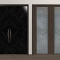 Elegant Dark Wooden Double Doors With Geometric Pattern Glass Panels And Golden Handles