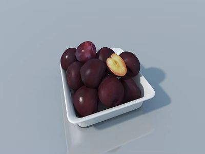 Fresh Ripe Dark Purple Plums in White Square Plate with Sliced Flesh and Pit 3d model