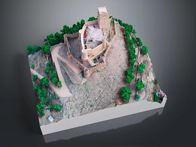 Detailed Scale Model of Ancient Castle on Hill with Green Trees and Tower 3d model