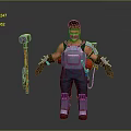 3D Character With Cap Red Shirt Mechanical Arms Metal Vest Overalls And Large Hammer