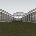 Modern Architectural Design With Curved Roof Glass Walls And Grassland Landscape
