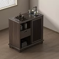 Modern Kitchen Interior With Dark Wood Cabinet Gas Stove Pots And Drawers