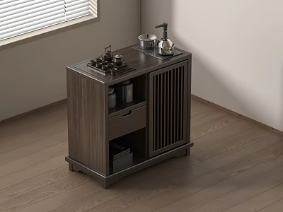 Modern Kitchen Interior With Dark Wood Cabinet Gas Stove Pots And Drawers 3d model