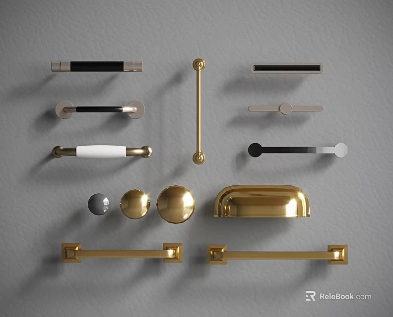 Various Stylish Metallic Cabinet Handles With Gold Black Silver Modern Designs 3d model 