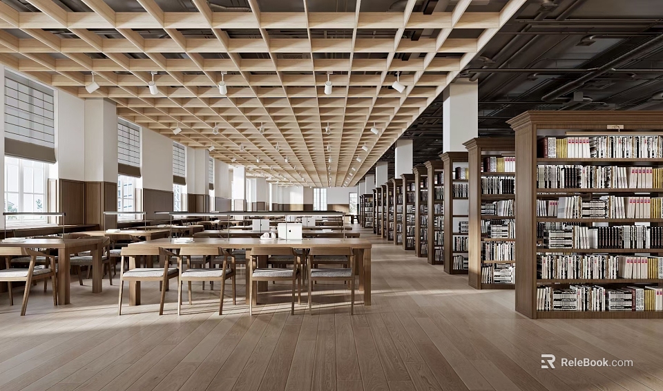 Artistic Library Interior With Wooden Ceiling Bookshelves And Chairs 3d model 