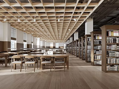 Artistic Library Interior With Wooden Ceiling Bookshelves And Chairs 3d model