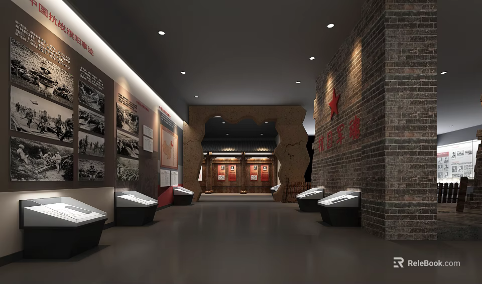 Red Education Base Exhibition Hall With Historical Photos Red Slogans Display Cases And Brick Walls 3d model 