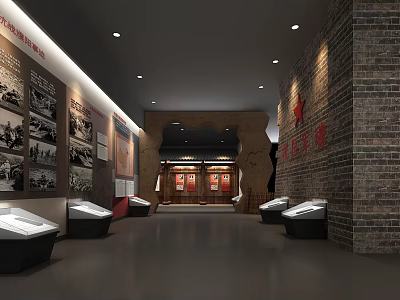 Red Education Base Exhibition Hall With Historical Photos Red Slogans Display Cases And Brick Walls 3d model
