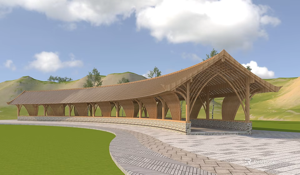 Wooden Pergola With Curved Roof In Grassland Near Distant Hills And Paved Ground 3d model 
