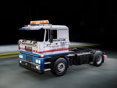 DAF Cab Truck With Yellow Warning Lights And Red White Blue Stripes Moving On Road 3d model