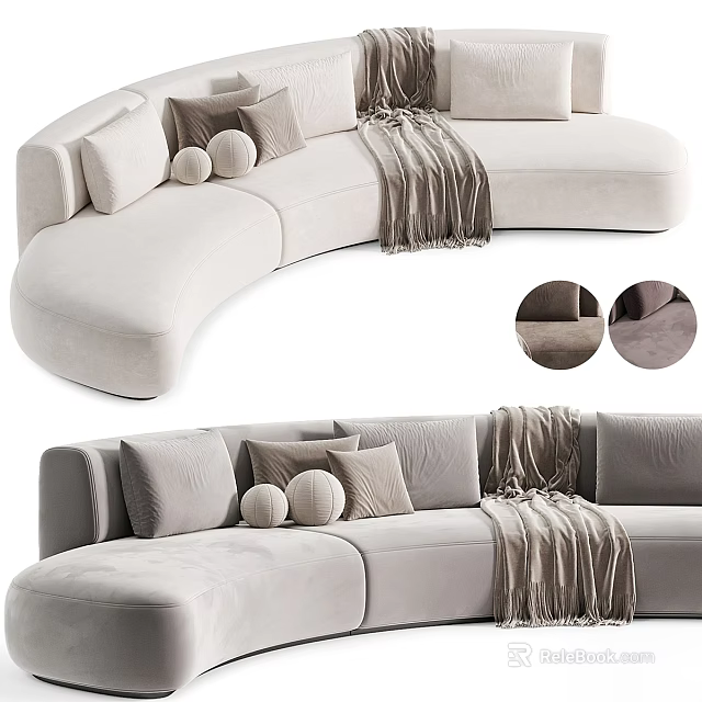 Light Colored Curved Sectional Sofa With Soft Cushions Pillows And Throw Blanket 3d model 
