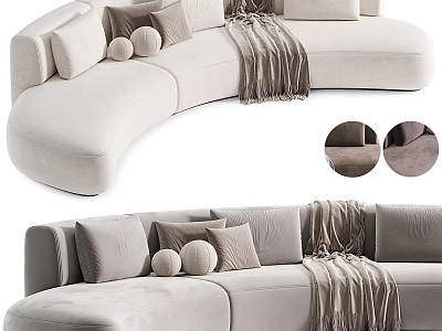 Light Colored Curved Sectional Sofa With Soft Cushions Pillows And Throw Blanket 3d model