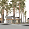 Modern Post Station with Glass and Wooden Structure Surrounded by Tall Trees in Snowy Landscape