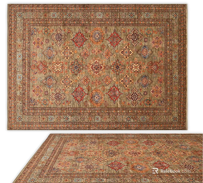 Square Rug With Traditional Geometric Pattern And Rich Red Blue Brown Tones 3d model