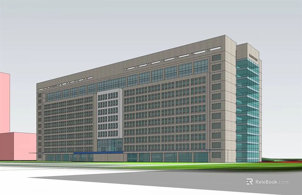 Modern Multi Story Office Building With Glass Curtain Wall And Green Lawn Exterior 3d model 