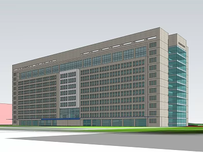 Modern Multi Story Office Building With Glass Curtain Wall And Green Lawn Exterior 3d model