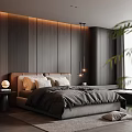 Modern Bedroom Interior With Dark Wood Paneled Walls Upholstered Headboard Gray Bedding Hanging Pendant Lights