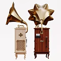 Vintage Gramophones With Golden Horns Wooden Bases And Intricate Decorative Patterns