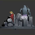 Seated Blonde Character With Red Cape And Blue Glowing Creature On Circular Stone Wood Platform