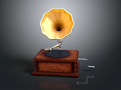 Classic Vintage Gramophone Design With Wooden Base Brass Horn Turntable And Crank Handle 3d model