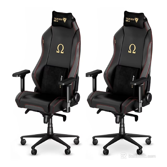 Black Office Chair With Golden Omega Symbol Red Stitching And Adjustable Rolling Casters 3d model 