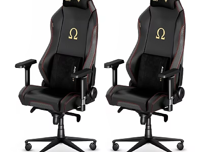 Black Office Chair With Golden Omega Symbol Red Stitching And Adjustable Rolling Casters 3d model