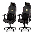 Black Office Chair With Golden Omega Symbol Red Stitching And Adjustable Rolling Casters