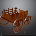 Red Wooden Wagon With Four Spoked Wheels And Open Wooden Rails