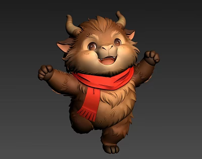 Cute Fluffy Cow Cartoon Character Wearing Red Scarf With Happy Expression And Open Arms Design 3d model