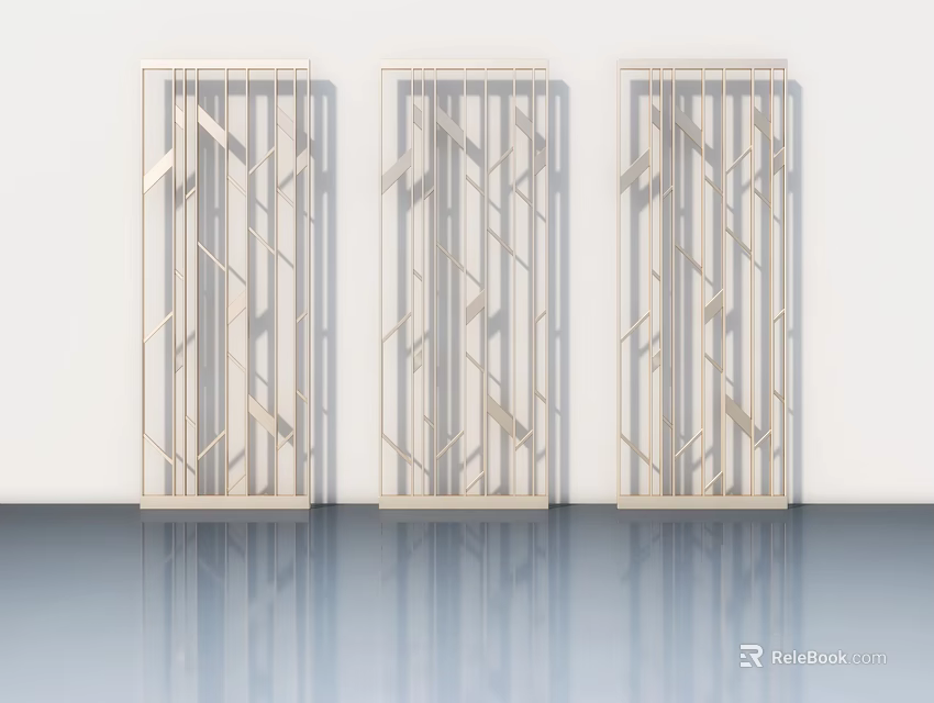 Modern Light Colored Hinged Doors With Geometric Patterns And Reflective Floor 3d model