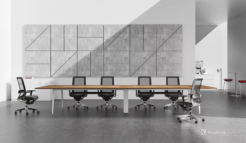 Modern Meeting Room With Wooden Conference Table Gray Geometric Wall Black Office Chairs Dark Floor 3d model 
