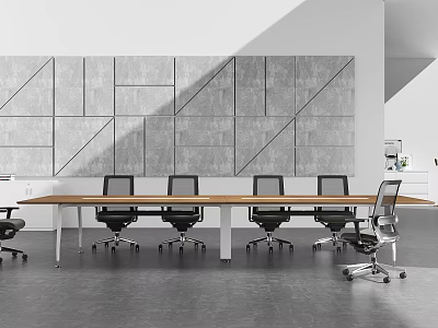 Modern Meeting Room With Wooden Conference Table Gray Geometric Wall Black Office Chairs Dark Floor 3d model