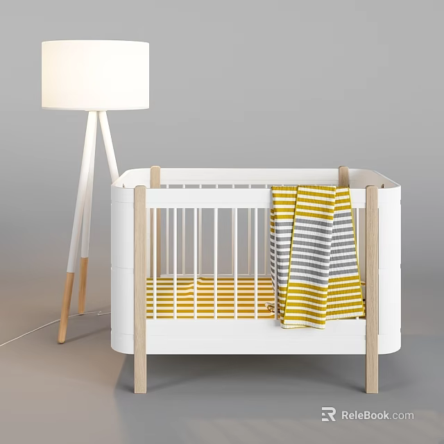 White Kids Bed with Wooden Legs Yellow and Grey Striped Blanket and White Floor Lamp 3d model 
