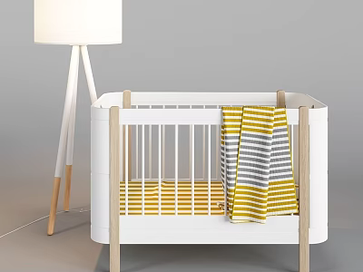 White Kids Bed with Wooden Legs Yellow and Grey Striped Blanket and White Floor Lamp 3d model