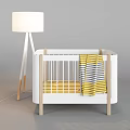 White Kids Bed with Wooden Legs Yellow and Grey Striped Blanket and White Floor Lamp