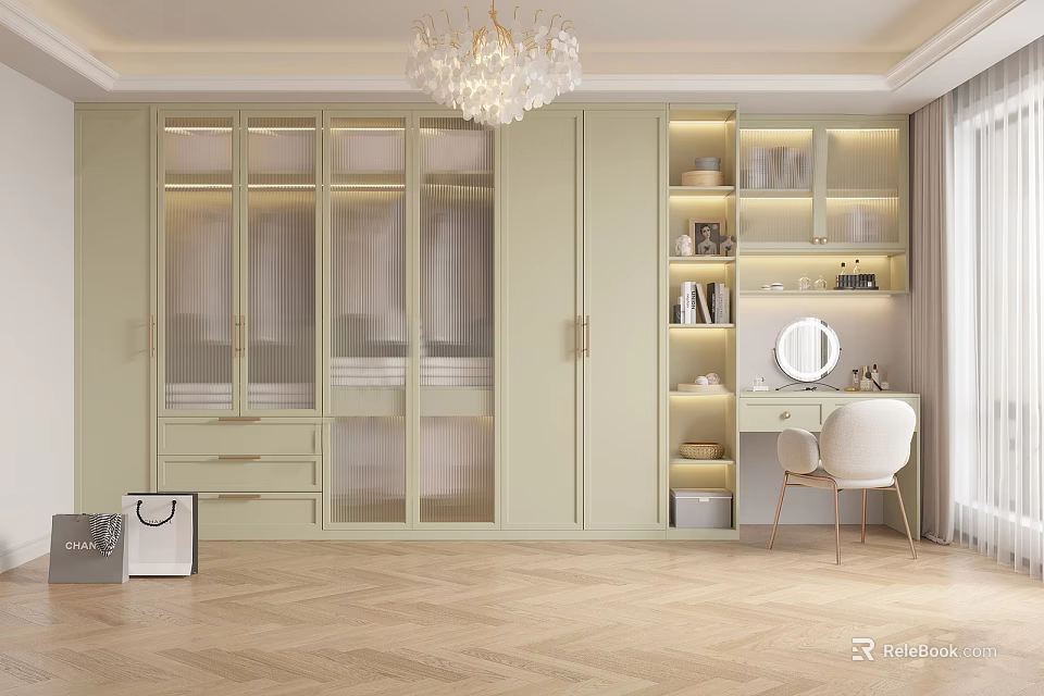 Modern Light Green Wardrobe with Glass Doors Bookshelves Dressing Table Herringbone Wooden Floor and Chandelier 3d model 