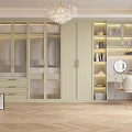 Modern Light Green Wardrobe with Glass Doors Bookshelves Dressing Table Herringbone Wooden Floor and Chandelier
