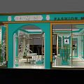 Turquoise Clothing Store Exterior With Gold Accents Glass Windows Mannequins And Plants